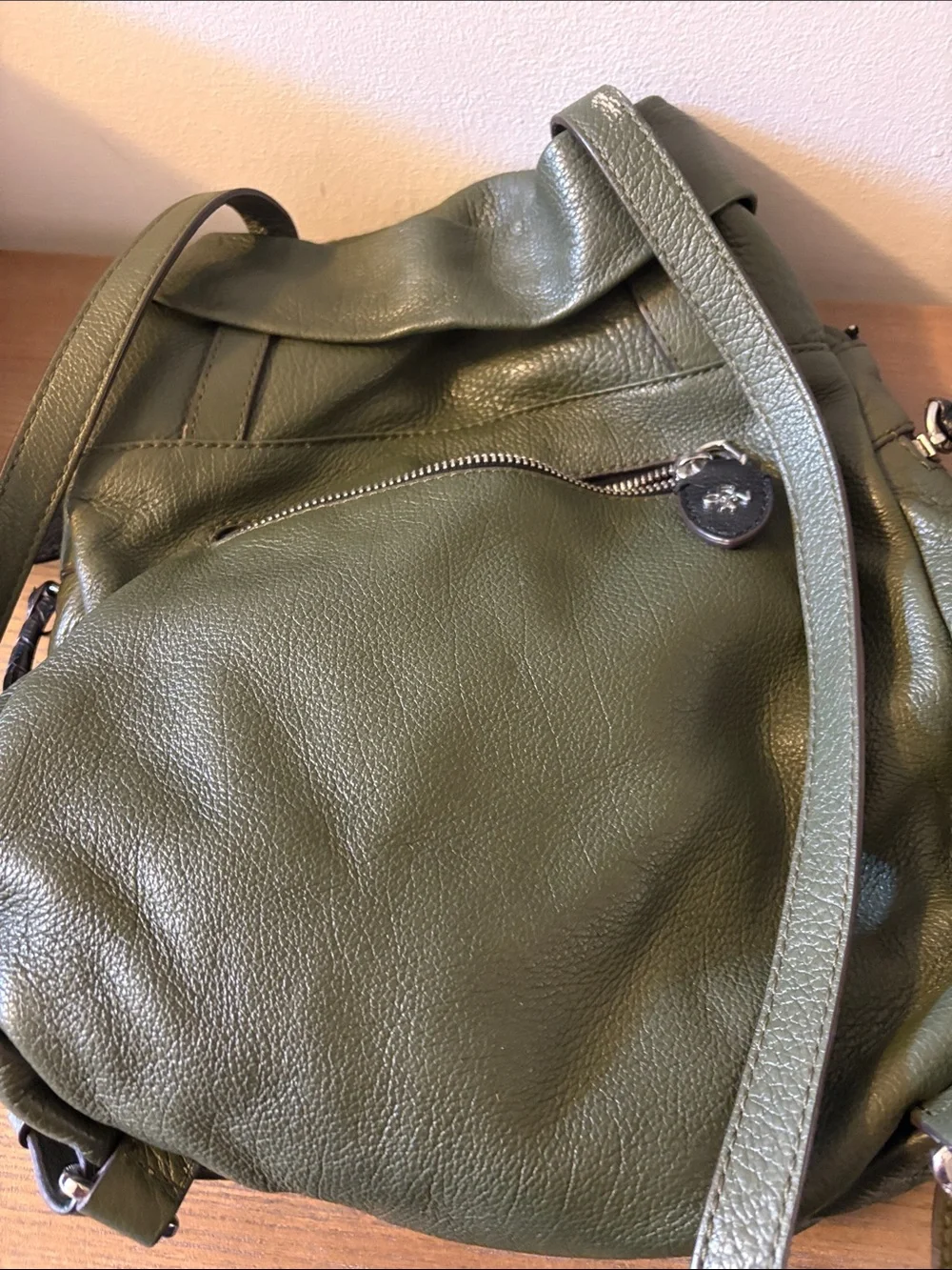 orYANY Olive Green Leather Backpack with Dual Front Zippers